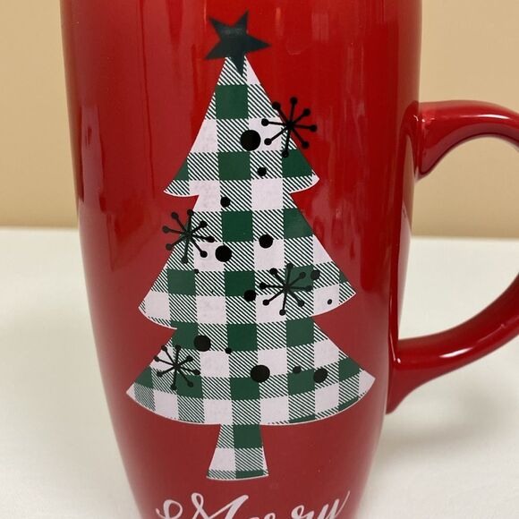 Merry Christmas Red Mug Plaid Tree with Removable Open Close Lid Set of 2 - Picture 9 of 14